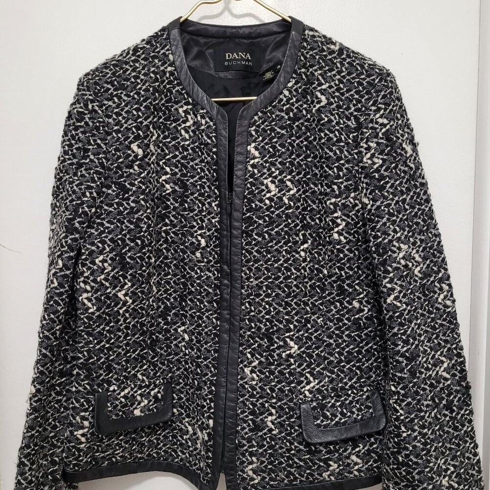 Dana Buchman Blazer Women Plus Sz 16 Zipper Tweed Boucle Wool Trim Leather